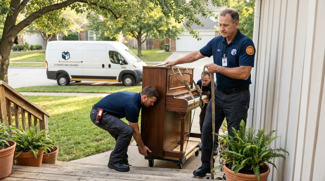 Licensed piano movers securing grand piano in Elizabeth, PA