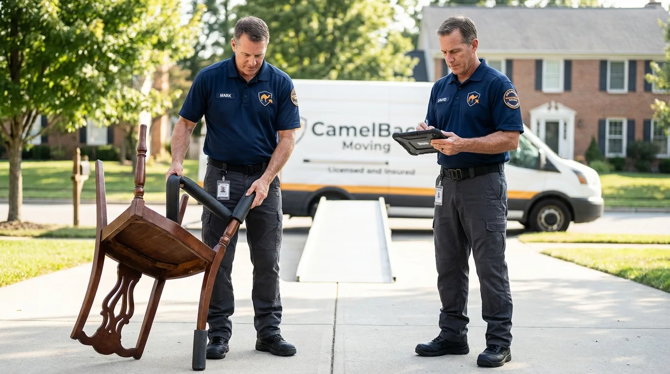 Movers inspecting furniture for damage prevention before loading in Elizabeth, PA