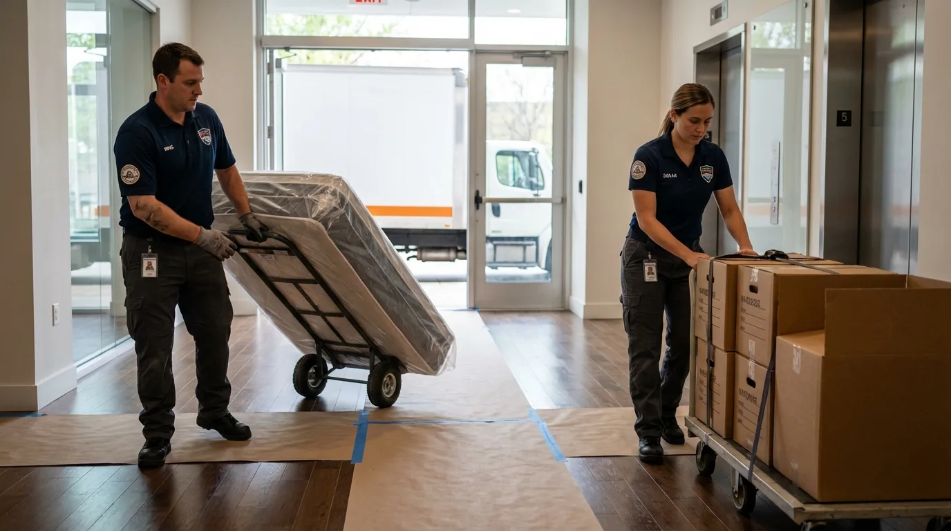 Professional apartment movers loading elevator in Elizabeth, PA